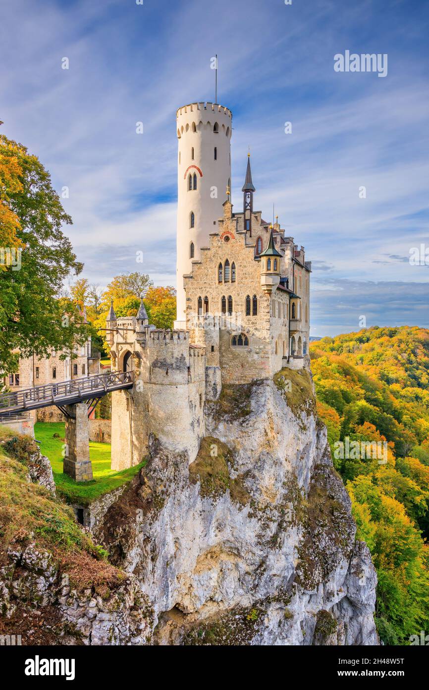 Germany, Lichtenstein Castle. Baden-Wurttemberg land in Swabian Alps. Stock Photo