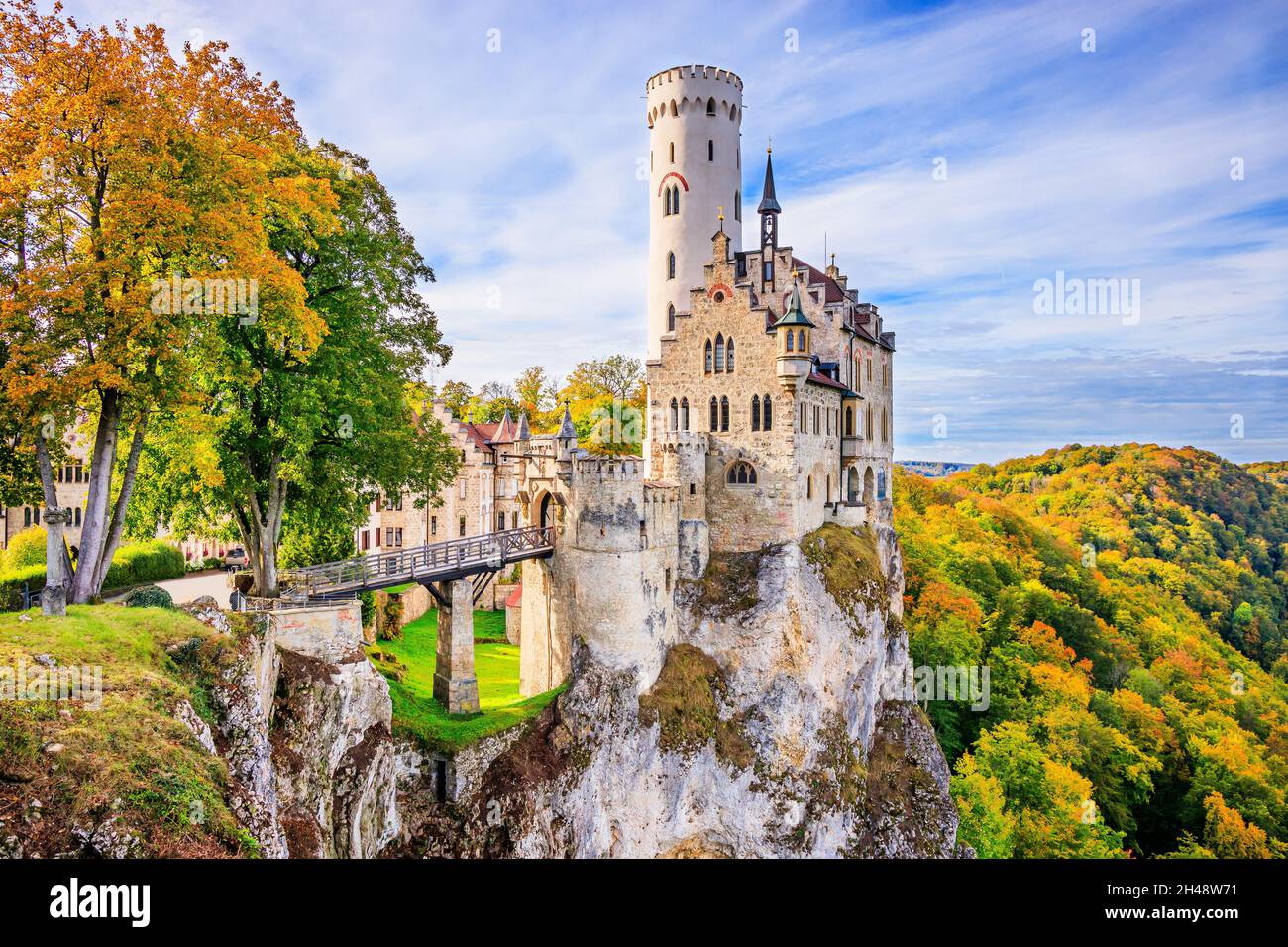 Germany, Lichtenstein Castle. Baden-Wurttemberg land in Swabian Alps. Stock Photo