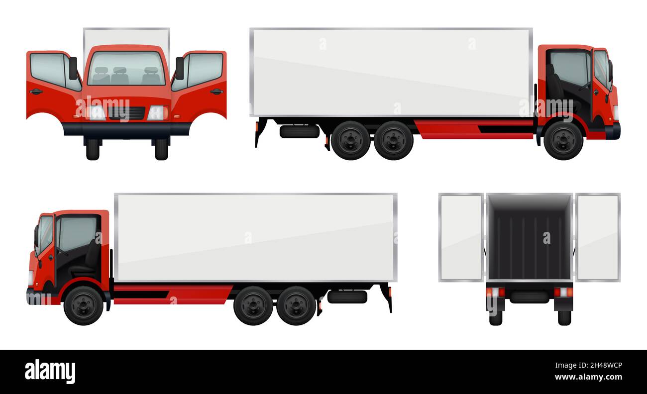 Delivery trucks. Cars opening doors realistic vehicles in various views front and back decent vector trucks collection Stock Vector