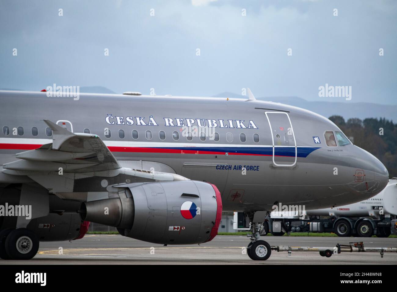 Glasgow, Scotland, UK. 1st Nov, 2021. PICTURED: Heads of state arrive in their private government aircraft arriving at Glasgow Airport to attend the COP26 Climate Change Conference today. The airport is busy with lots of plane spotters taking in the unprecedented sights. Credit: Colin Fisher/Alamy Live News Stock Photo