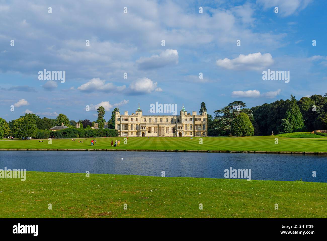 Panoramic view of Audley End House and lake, a largely early 17thcentury Jacobean country house