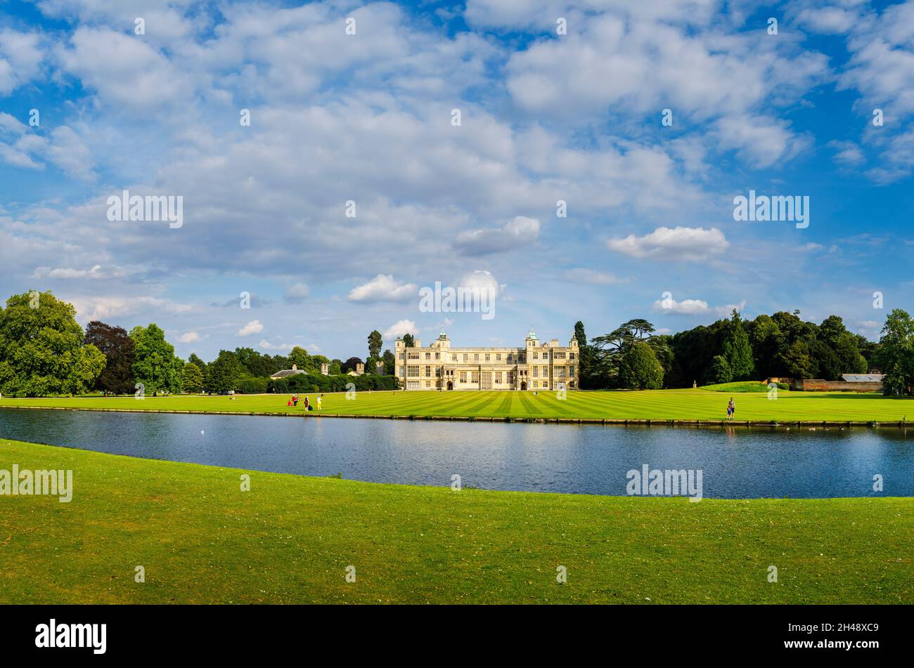 Panoramic view of Audley End House and lake, a largely early 17thcentury Jacobean country house