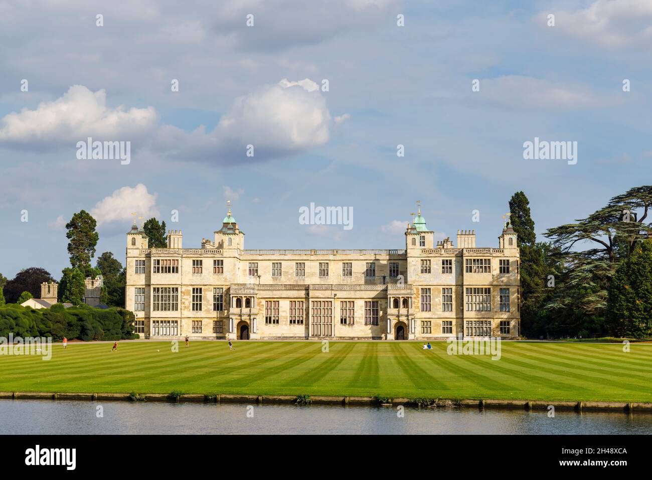 Panoramic view of Audley End House and lake, a largely early 17thcentury Jacobean country house