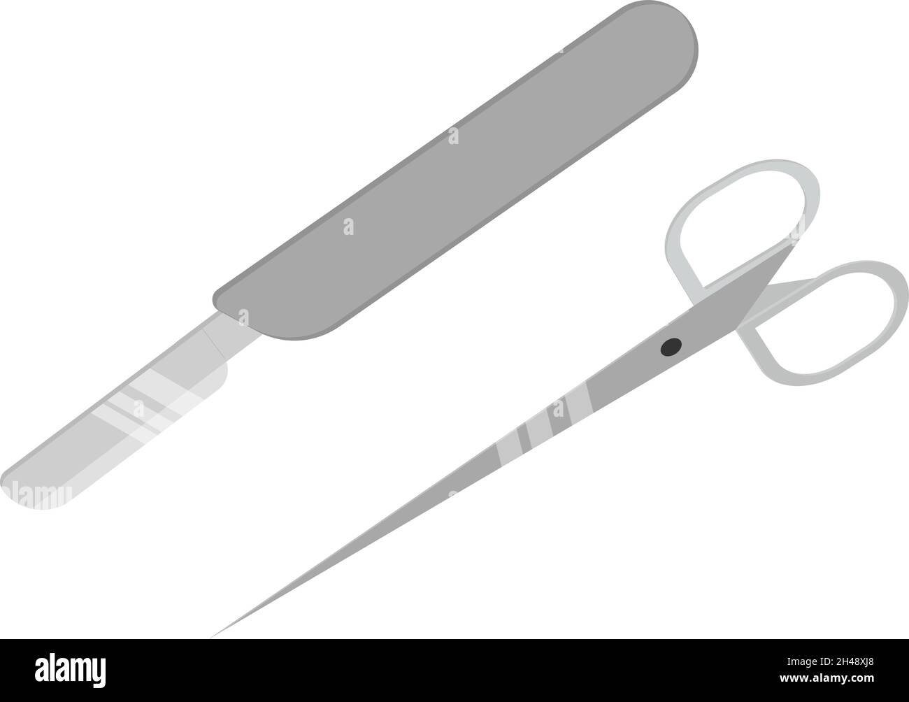 Sclpel and scissors, illustration, vector on a white background. Stock Vector