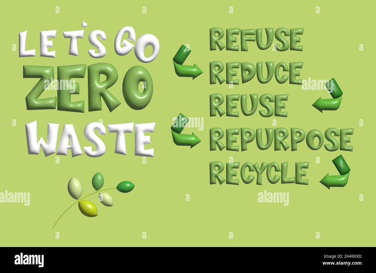 3D Zero waste concept, design for logo, sticker, poster, printing ads say 'Let's go Zero waste Refuse, Reduce, Reuse, Repurpose, Recycle. Campaign Stock Photo