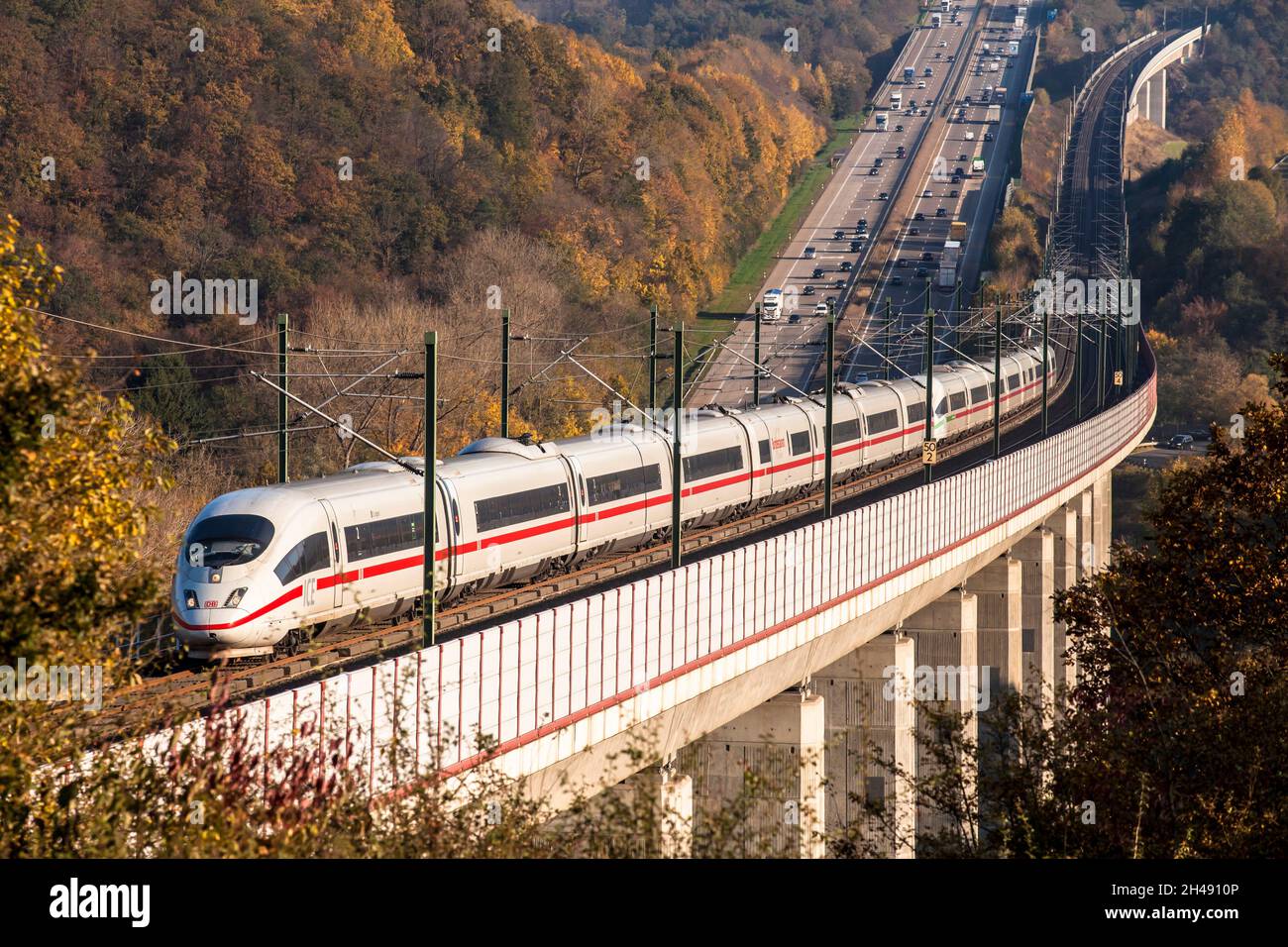 highspeed train ICE 3 of Deutsche Bahn AG on the high-speed line from Frankfurt to Cologne, the A3 freeway, Hallerbachtal bridge, Neustadt Wied, Rhine Stock Photo