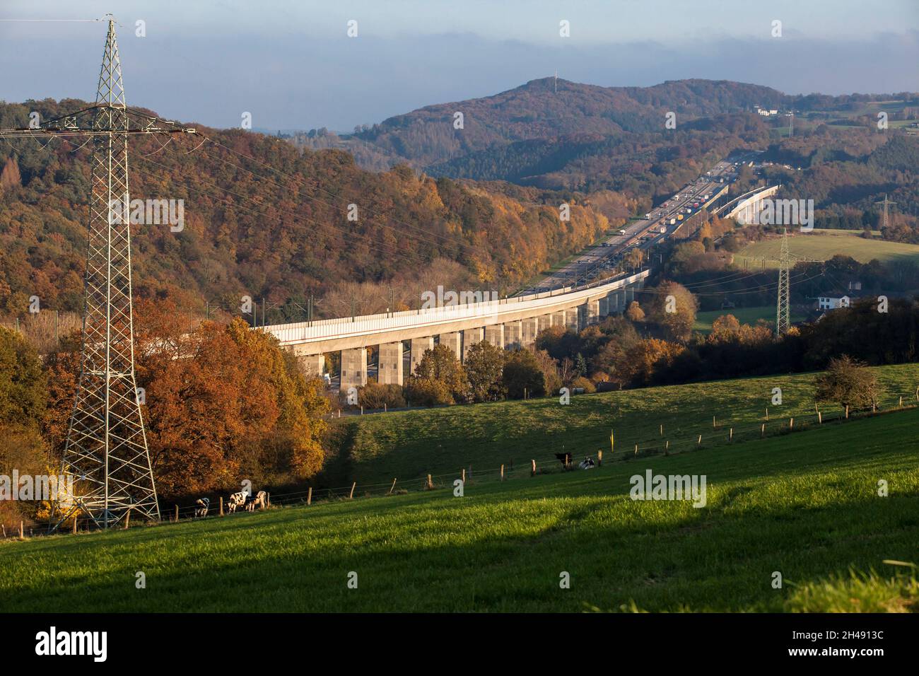 Hallerbachtal bridge of the high-speed line of Deutsche Bahn AG from Frankfurt to Cologne, the A3 freeway, Neustadt Wied, Rhineland-Palatinate, German Stock Photo