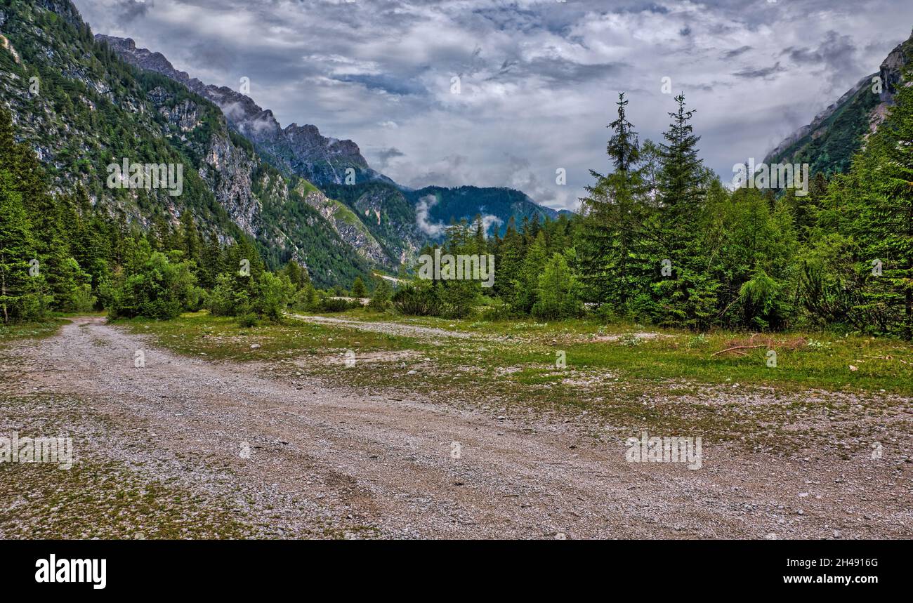 Pian della Gravina at an altitude of 1406 meters, the end point of the Val d'Oten in Cadore. HDR image Stock Photo