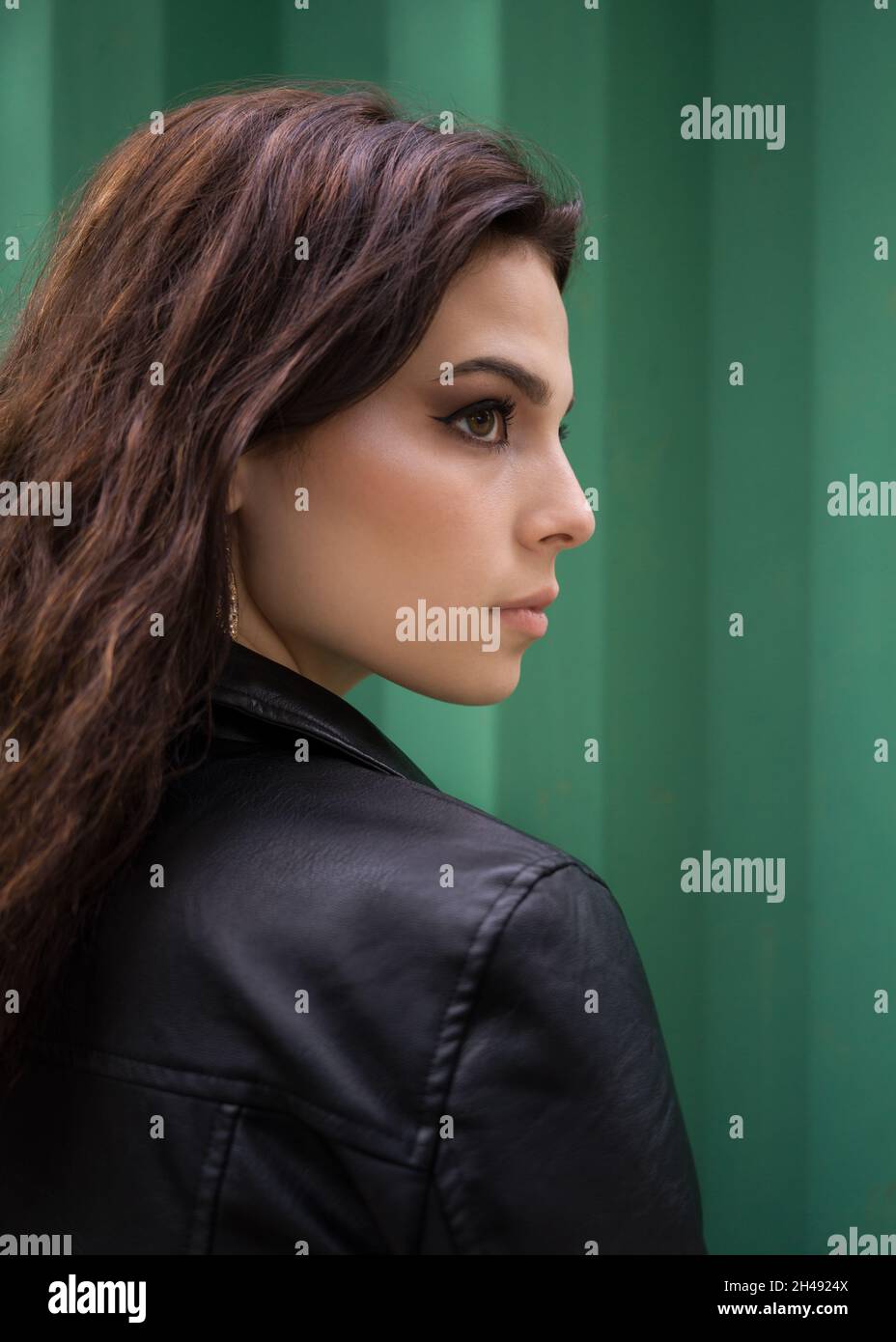 Woman in black leather jacket hi-res stock photography and images - Alamy