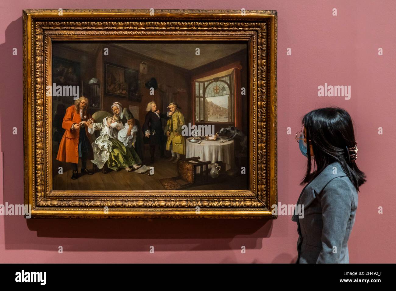 London, UK. 1st Nov, 2021. Marriage A-la-Mode, 1743 a sequence of paintings - Hogarth & Europe at Tate Britain. A new exhibition presents William Hogarth (1697-1764), one of Britain's most famous painters, in a new light. His work is shown alongside artists from across the continent, comparing how Hogarth depicted London with how other artists captured European cities. Credit: Guy Bell/Alamy Live News Stock Photo