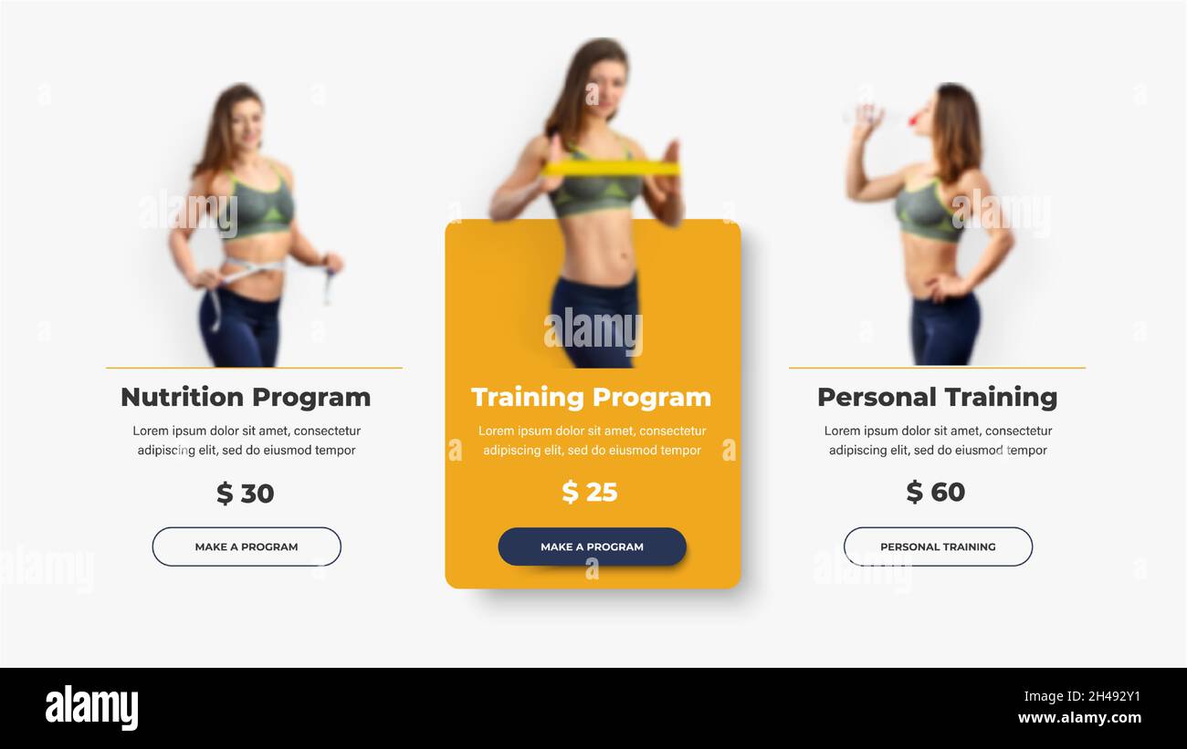 A set of UI / UX templates of vector product cards for a gym or personal trainer. Design banners with active and inactive state of buttons. Stock Vector