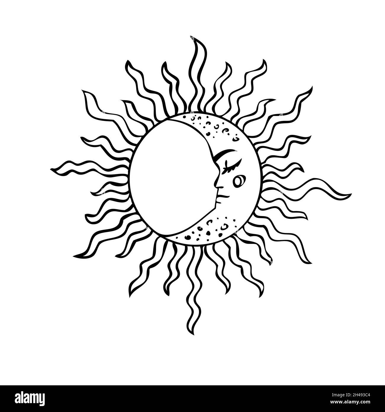 Esoteric symbols of the sun and moon with a face. Celestial signs. Stock Vector