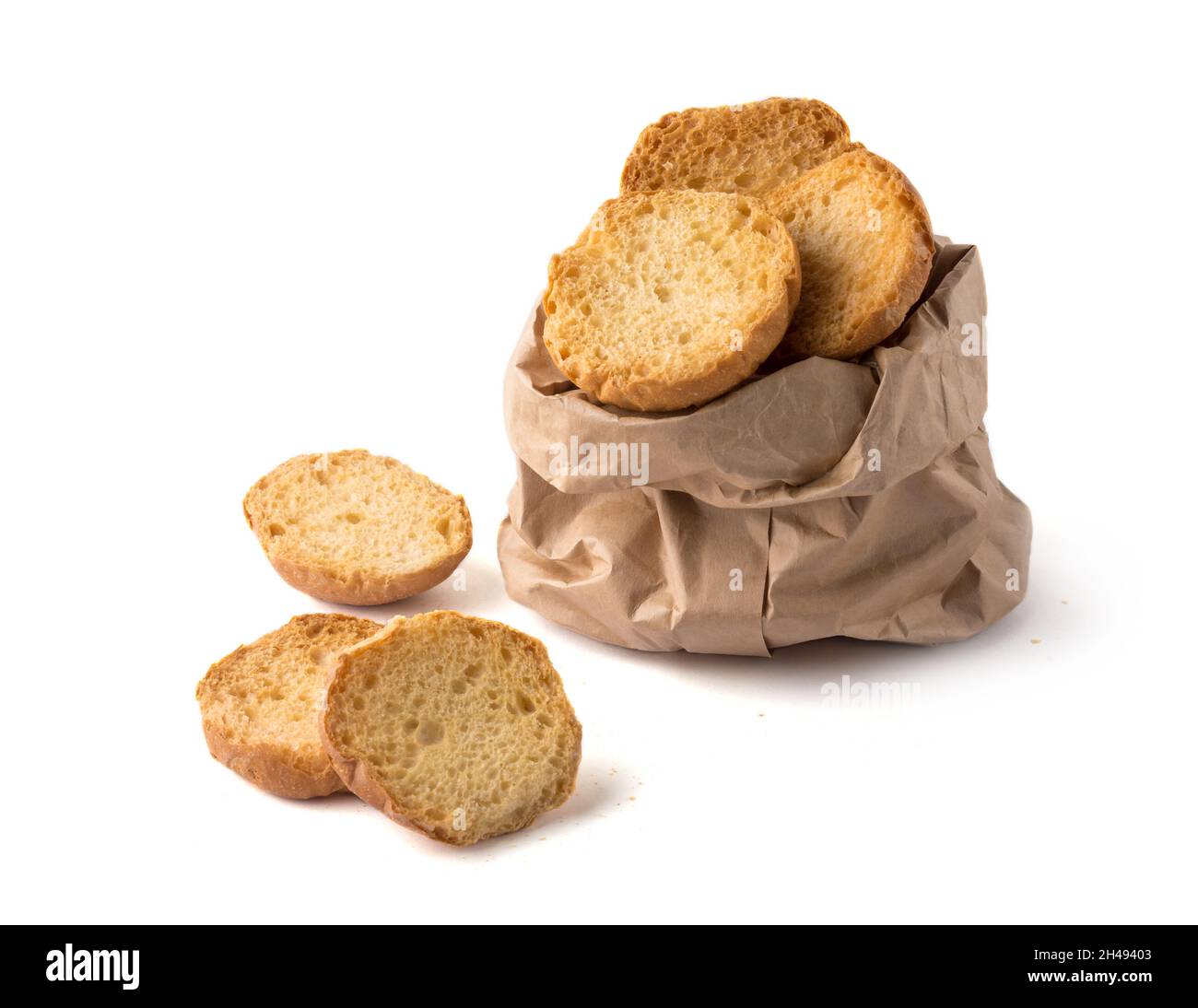 butter cookies, textured crisp biscuits in a paper bag, isolated on a