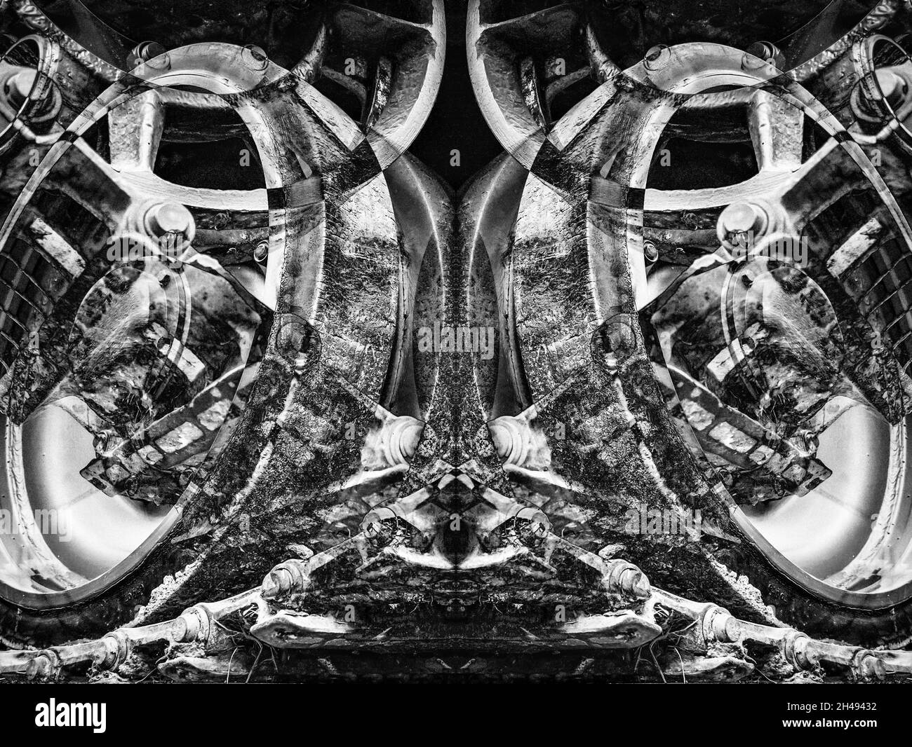 Abstract montage of tank caterpillar tracks, multiple exposures, overlapping in Black and White Stock Photo