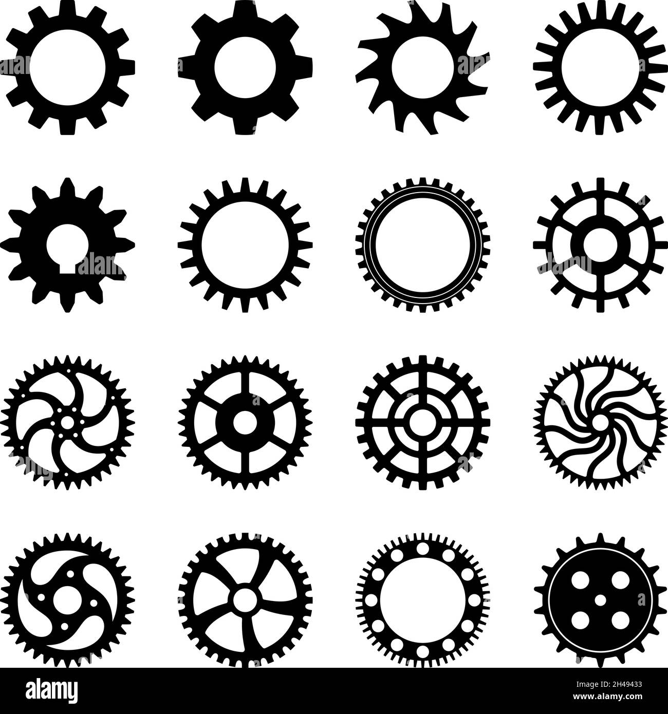 Gear or cogwheel set on isolated white background. Collection of different Types of rack wheels in black. Stock Vector