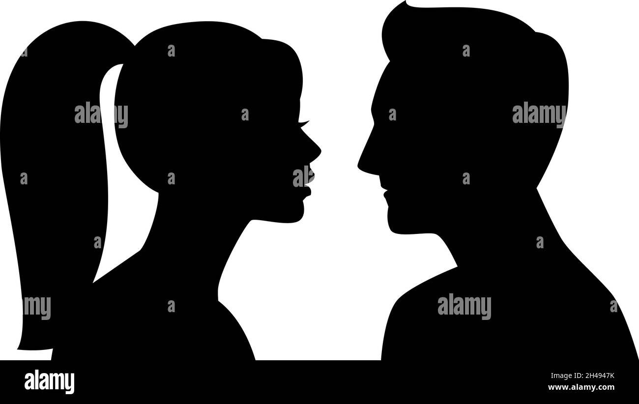 Young male female profiles. Man and woman black side portraits, heads silhouettes isolated, adult beautiful models faces profile silhouette clipart vector illustration Stock Vector