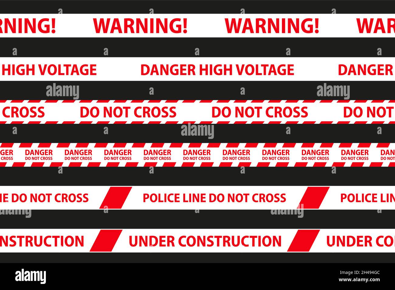 Danger, caution and warning seamless tapes. Red and white police stripe