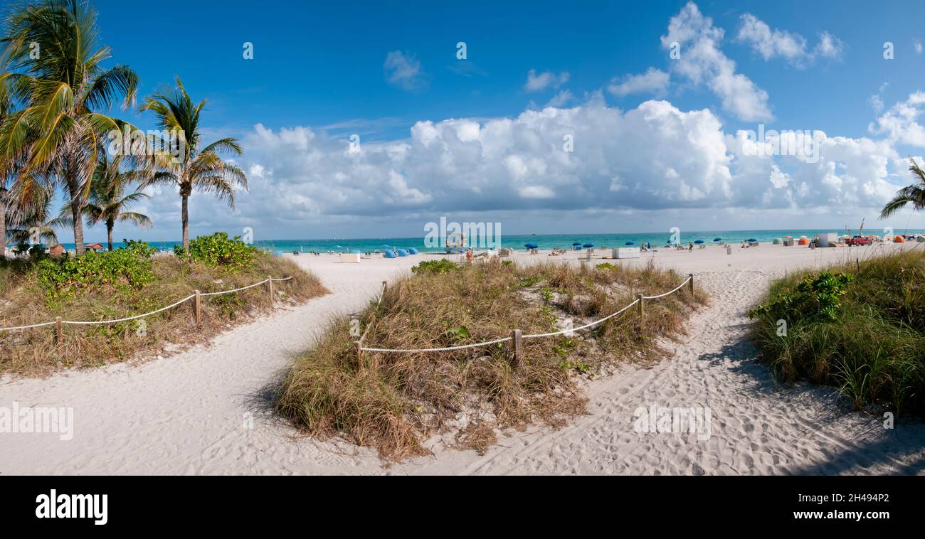Panoramic view of Miami Beach, Florida, USA. In the background the Atlantic Ocean, and the blue sky with white clouds Stock Photo