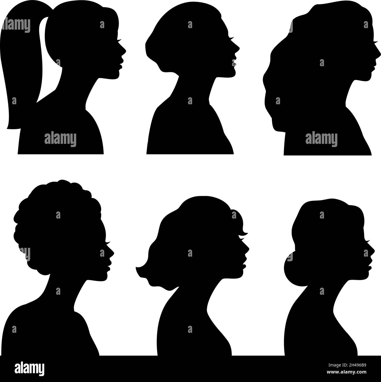 Young girls side silhouettes. Ethnic black white girl heads, woman fashion models blacks persons, beautiful female sides faces, teenager drawing lady profiles portraits vector graph Stock Vector