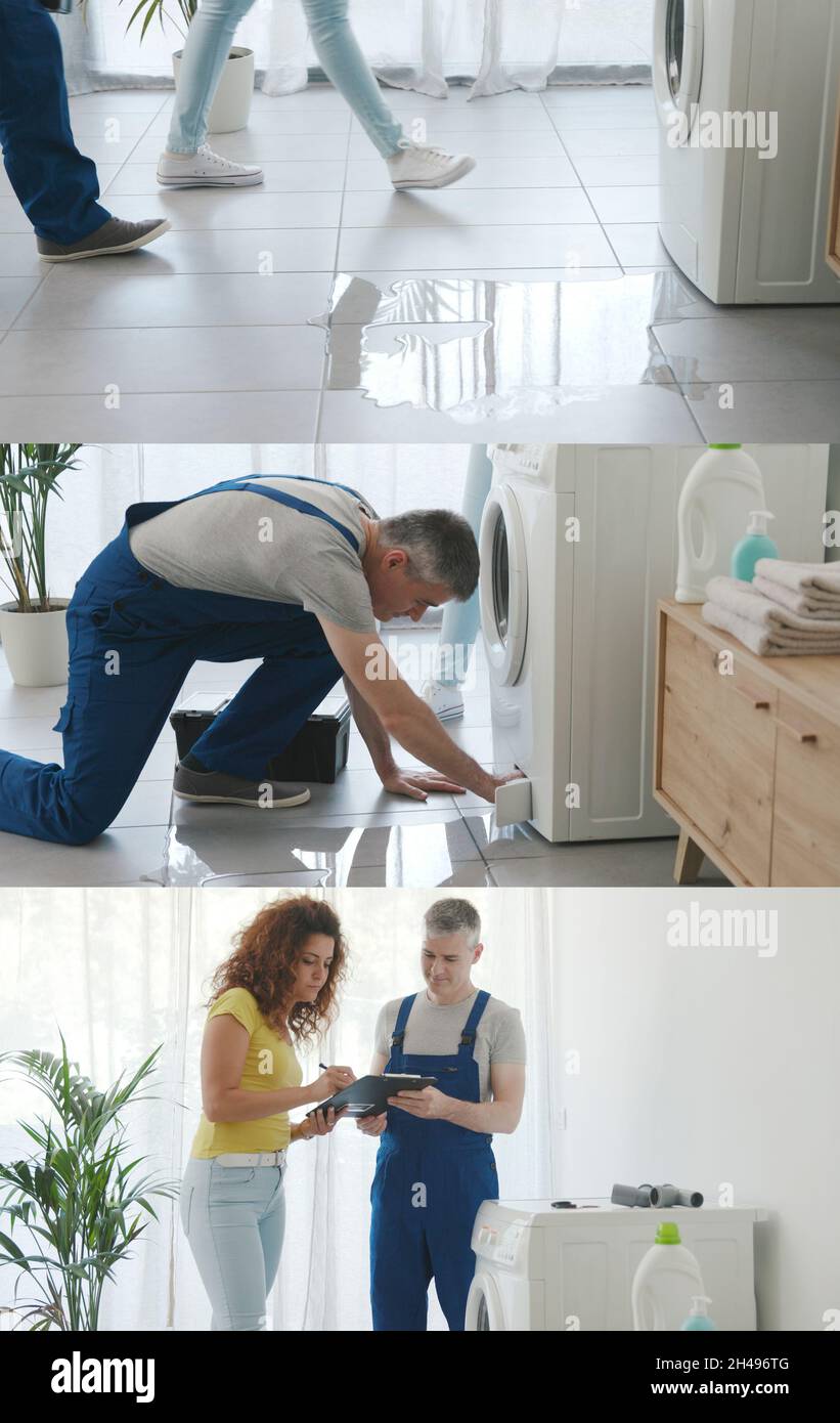 Professional plumber repairing a washing machine the woman shows the