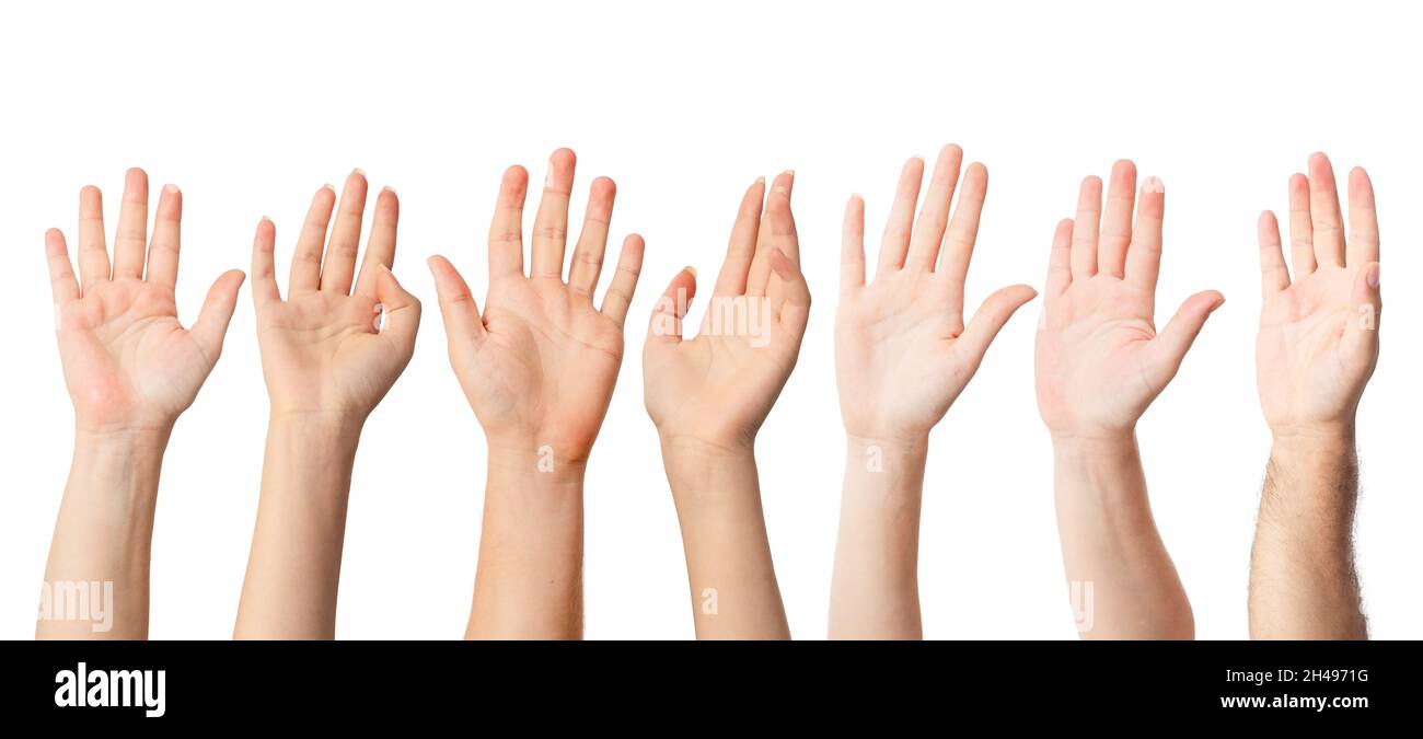 Group of people raised hands up as an approval, awerness or confirmation gesture. High quality photo Stock Photo