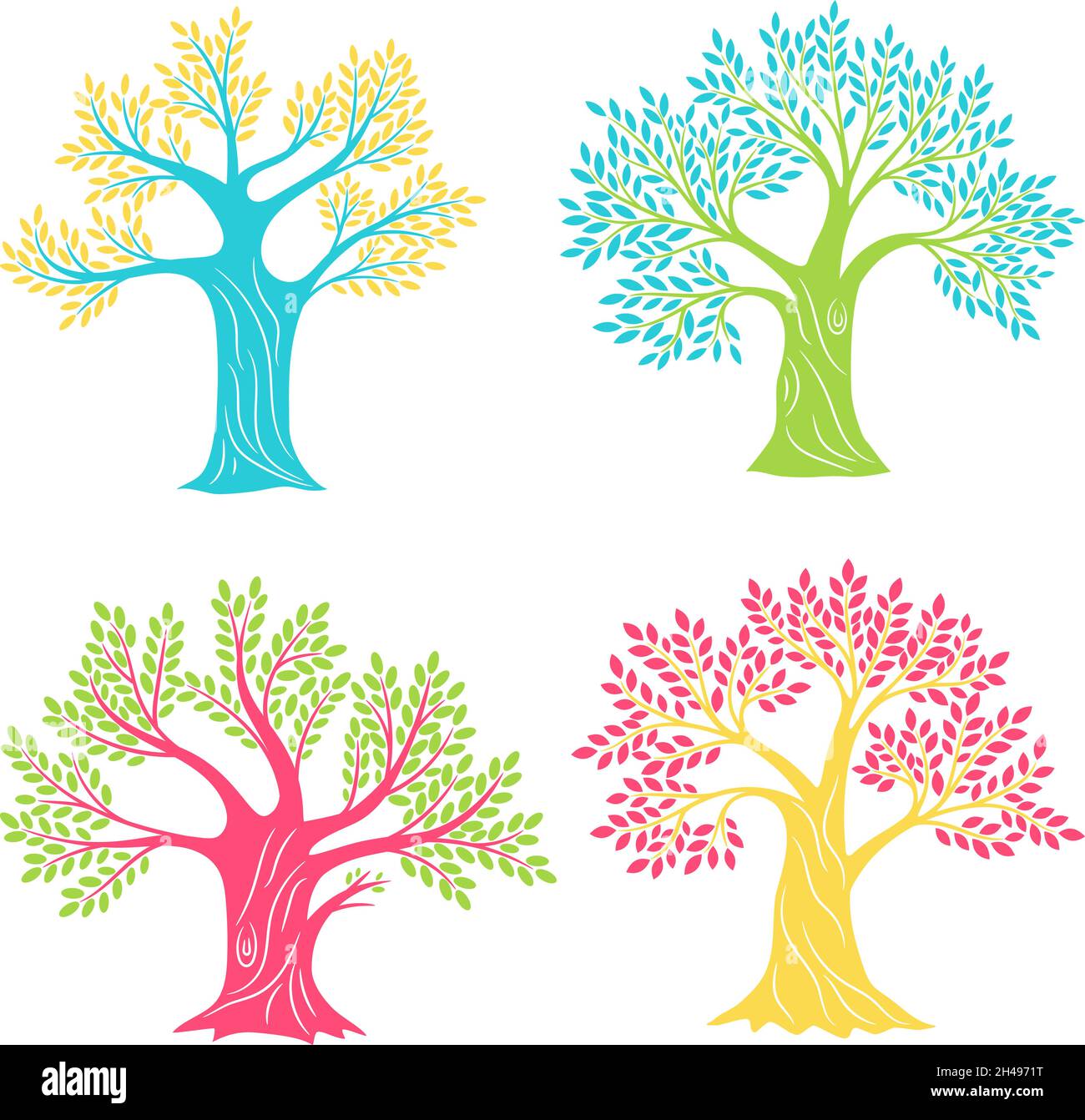 Coloured Oak Trees Beech Or Olive Antique Tree Set Sketching Isolated For Logo Vintage Oaks Silhouettes Color Artwork Creativity Vector Illustration On White Stock Vector Image Art Alamy