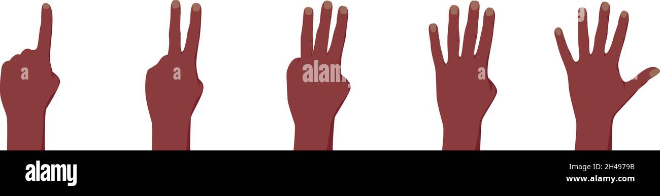 Afro American dark skin color hand palm counting in gesture with fingers one, two, three, four, five. Vector illustration. Stock Vector