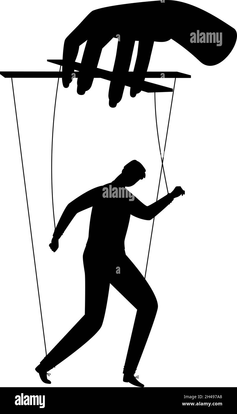 Businessman puppet. Human puppets control, puppeteer hands man marionette silhouette vector illustration, employee staff powers ropes concept, person doll on manipulator strings isolated on white Stock Vector