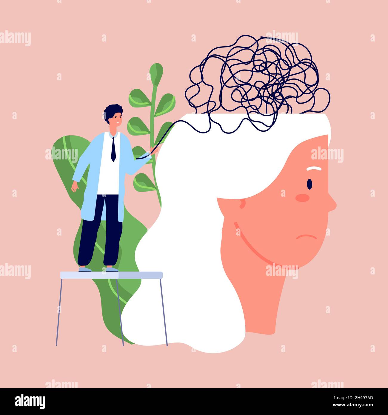 Psychotherapy. Female depression, tired woman head with confused mind. Psychologist work with patient, distance consulting vector scene Stock Vector