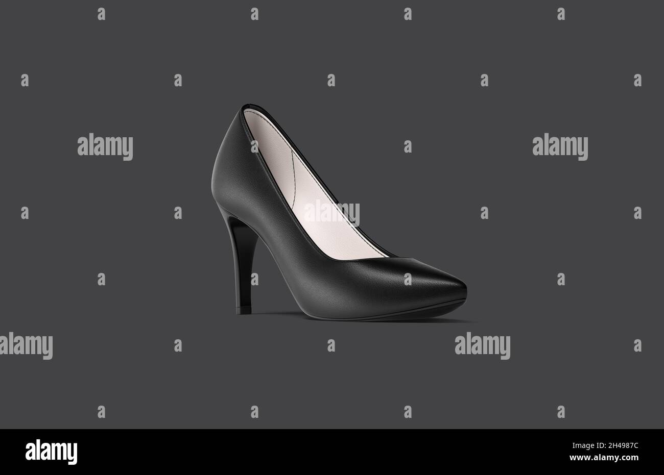 Blank black high heels shoes mockup, dark background, 3d rendering. Empty classic low shoe for woman mock up, half-turned view. Clear season high-heel Stock Photo