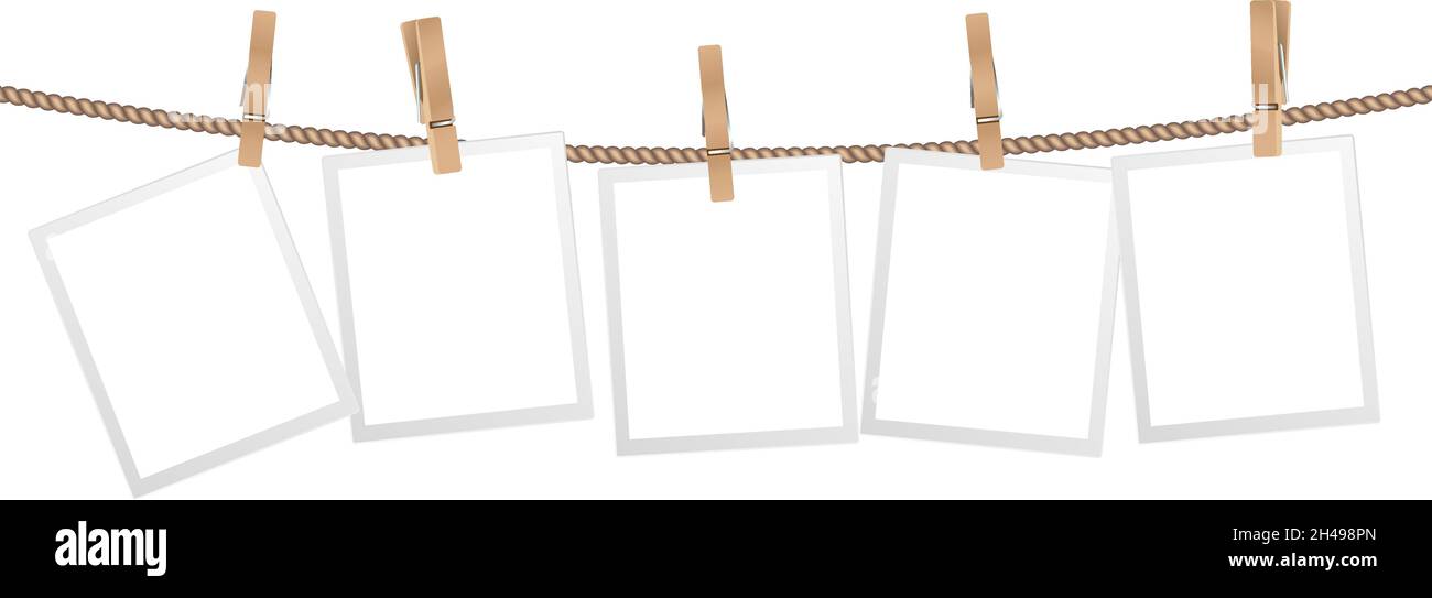 Realistic photo frames. Frame hanging on wooden clothespins on rope ...