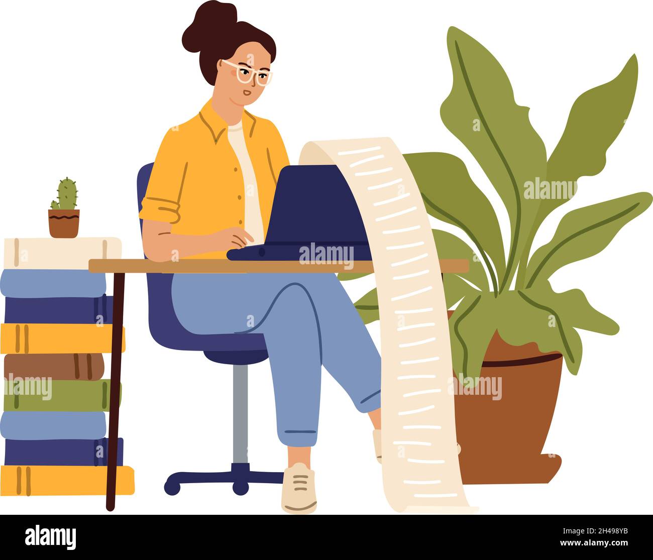Accountant character. Woman writing on computer, long checklist. Writer or journalist, student study at desk. Tired creative girl works vector concept Stock Vector