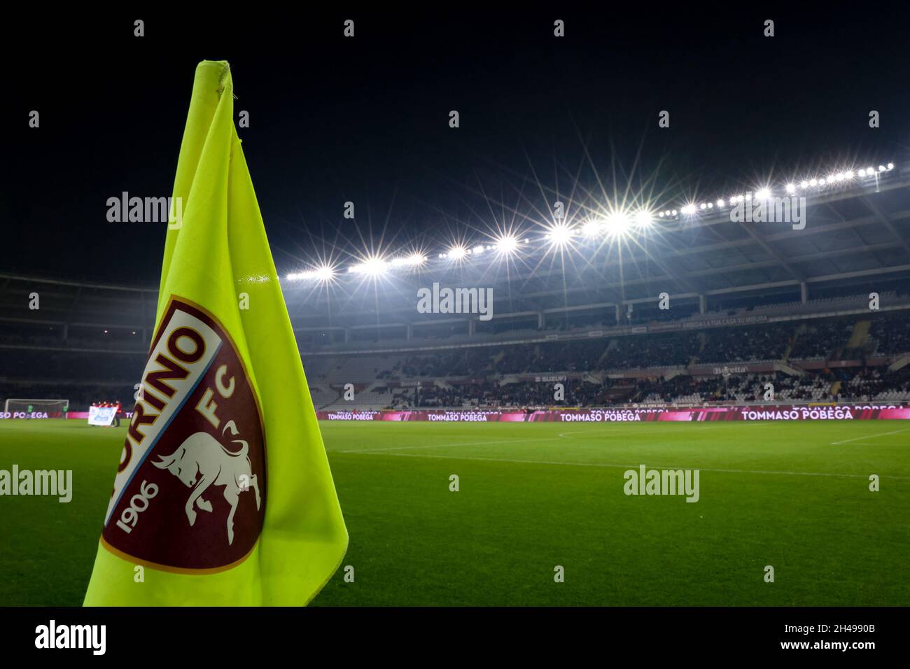 Turin, Italy, 30th October 2021. A Torino FC branded corner flag is seen in a general view of the stadium prior to kick off in the Serie A match at Stadio Grande Torino, Turin. Picture credit should read: Jonathan Moscrop / Sportimage Stock Photo