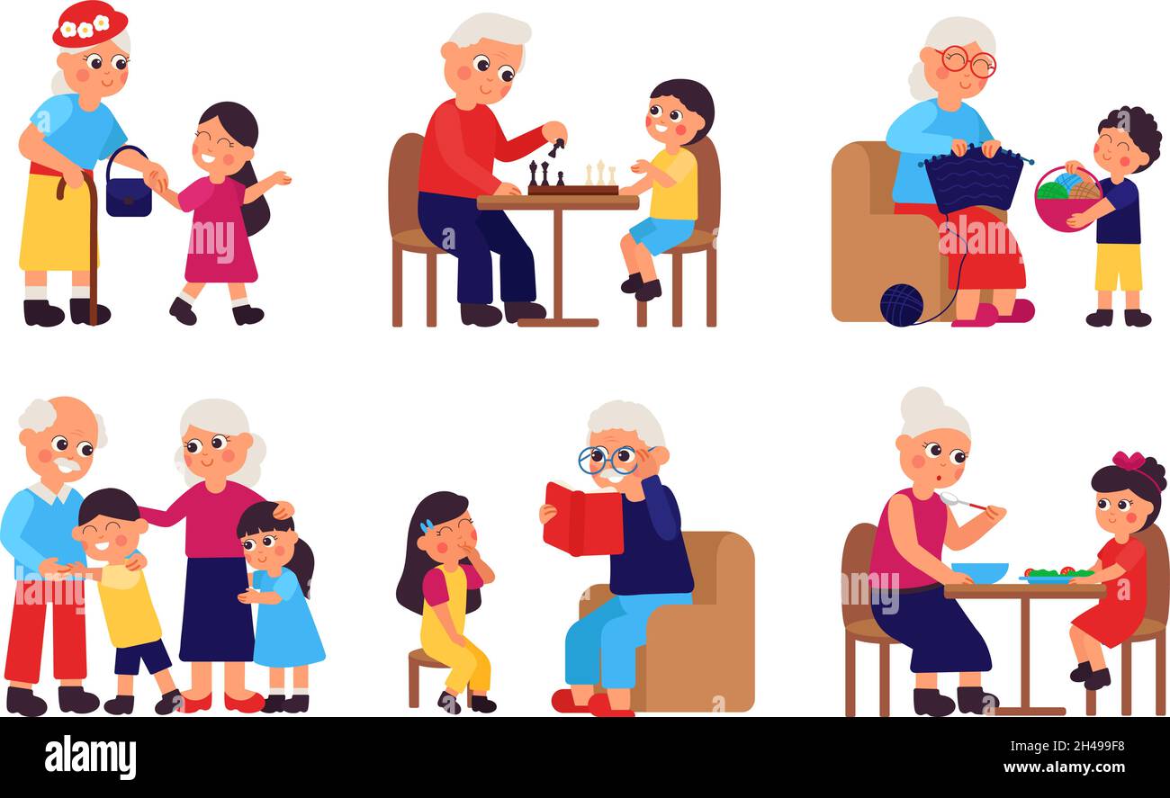 Old people and kids. Grandparent and grandchild, kids visit grandma. Cartoon girl support old woman. Elderly and young persons together decent vector Stock Vector