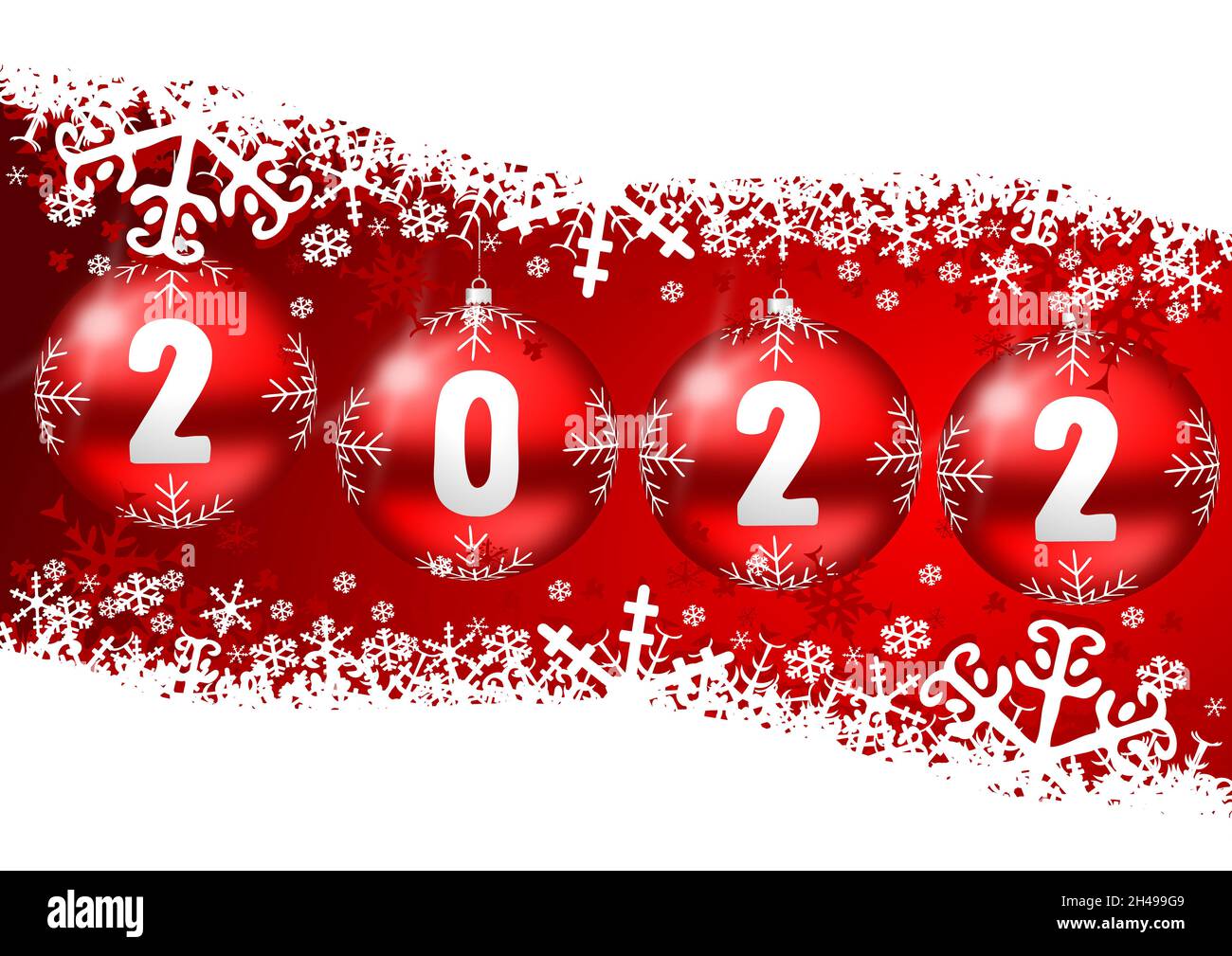 Happy new year 2022 greeting card with christmas red balls and white snowflakes, xmas background, winter illustration Stock Photo