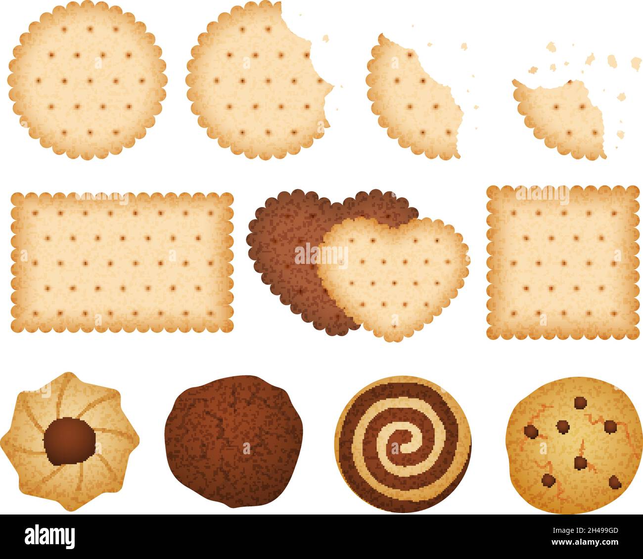 Sweet biscuits. Bitten chip biscuit cookie, crackers. Isolated