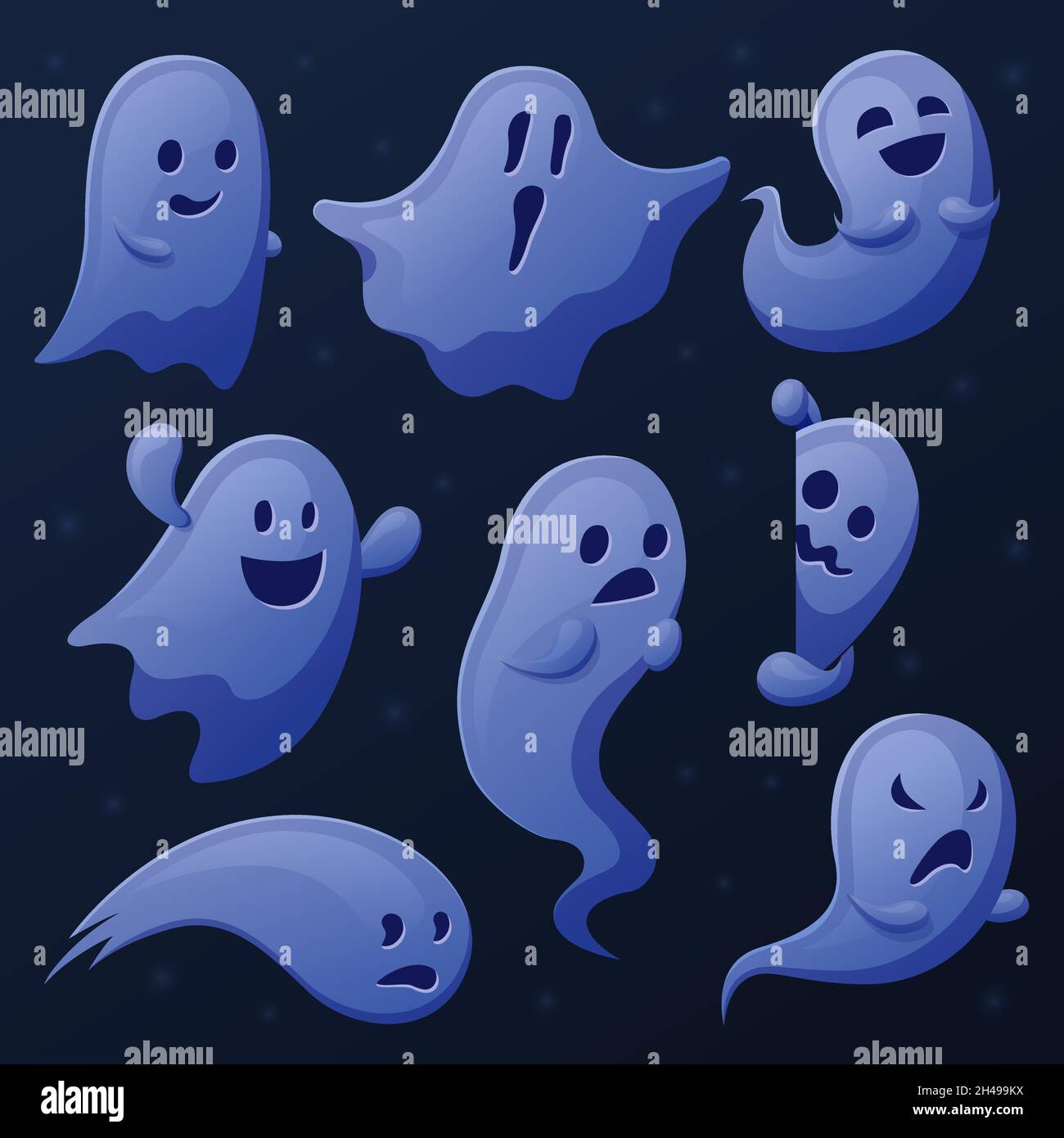 Spooky ghost. Cartoon ghosts, ghostly shadows or spirits. Funny cute transparent phantom, halloween scary flying and peeping recent vector characters Stock Vector