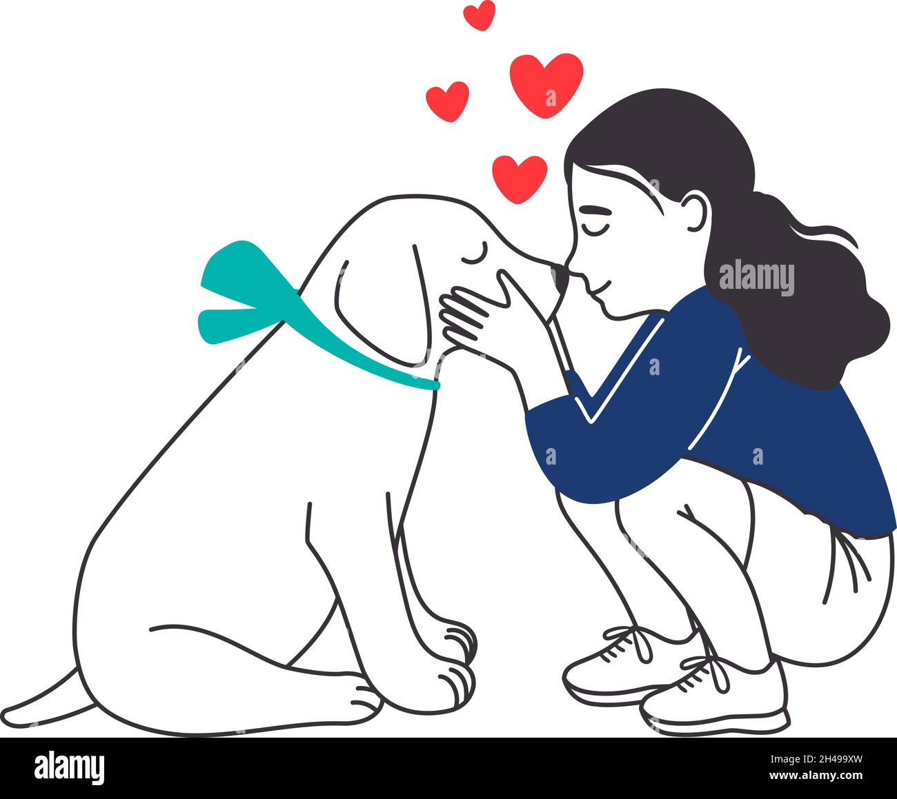 Girl with puppy. Pretty dog and little girl commumion, cute happy kid hugging pet, children love pets friendship lifestyle vector color illustration on white Stock Vector