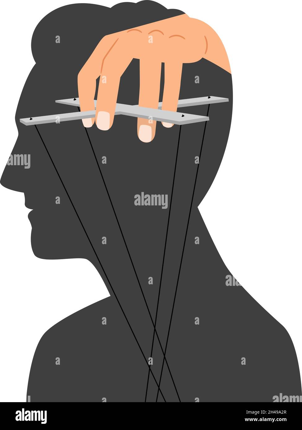 Mind manipulation. Head brain control silhouette vector illustration