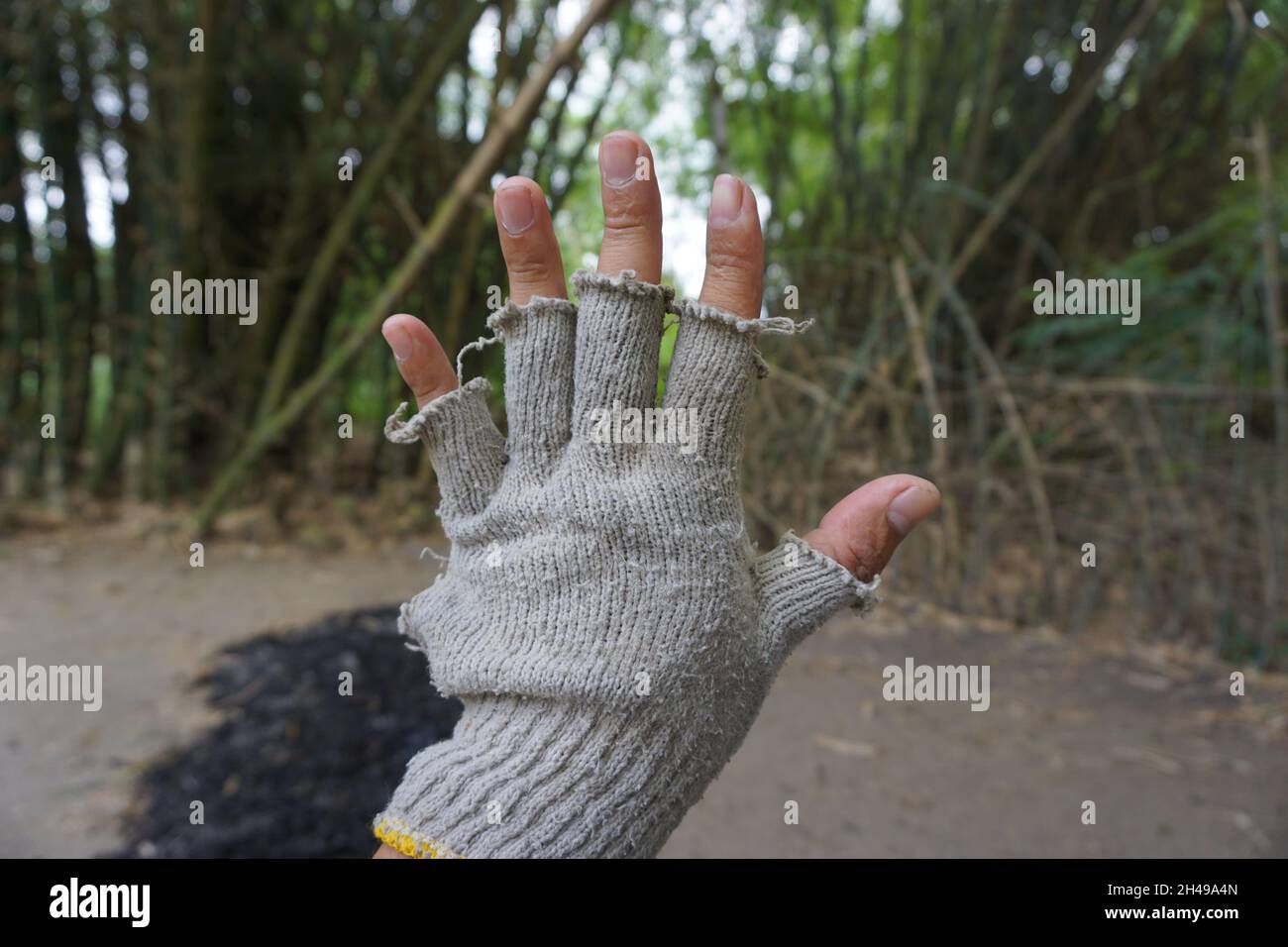 Hands with holes and broken gloves Stock Photo Alamy