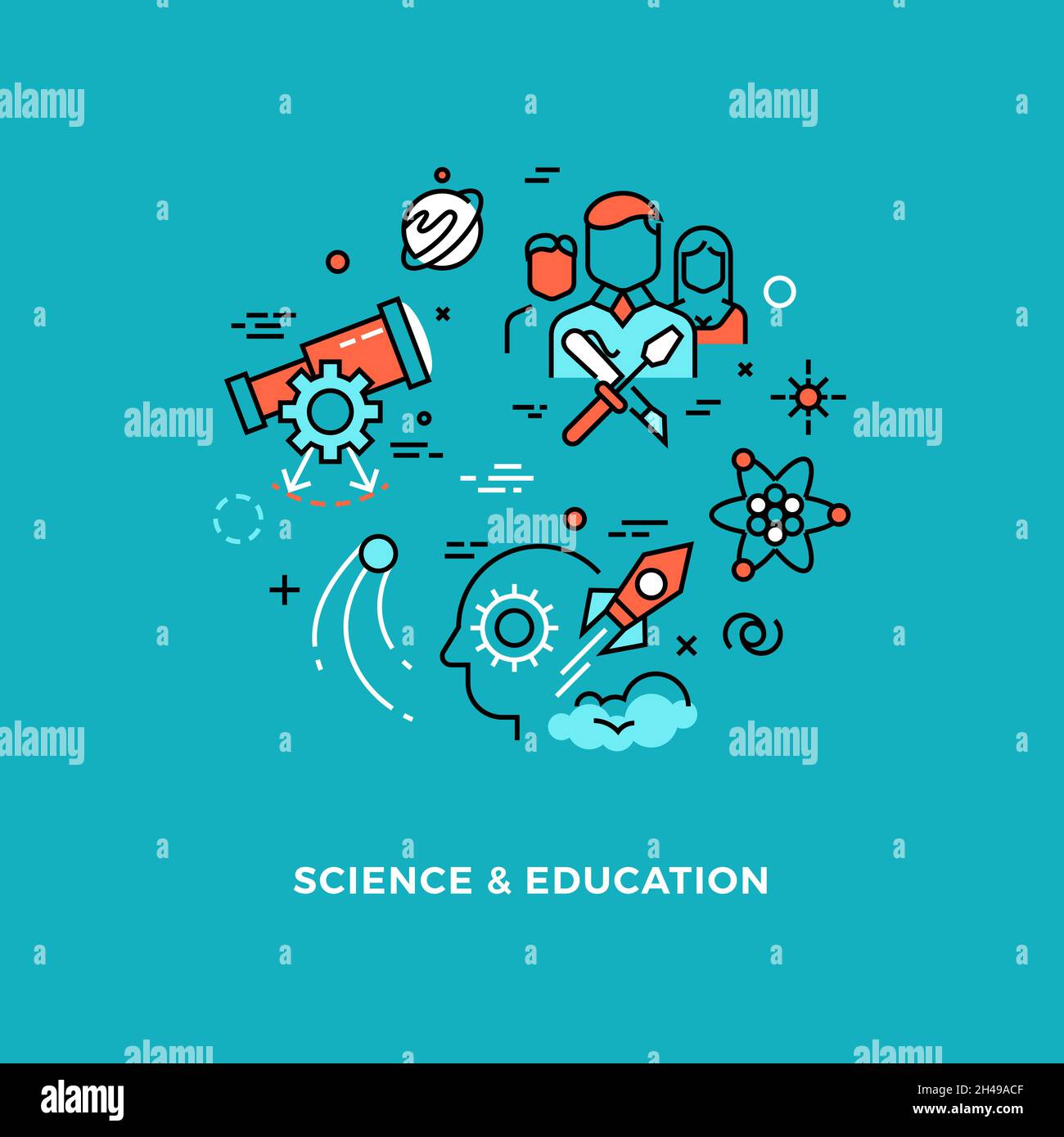 Research science and education. Mind development, creativity work. Vector line icons for school medicine pharmacy or chemistry industry Stock Vector