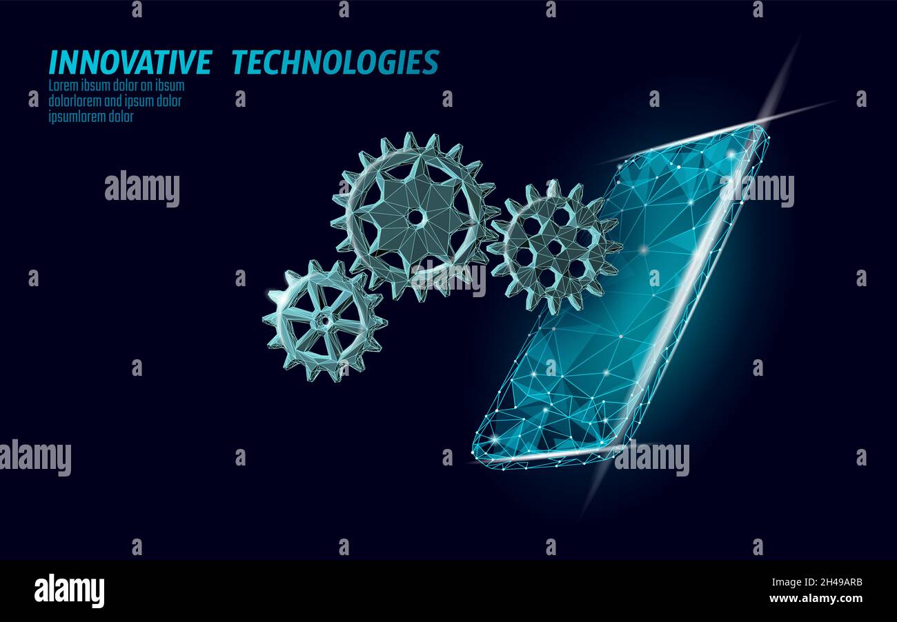 Smartphone settings help service low poly. New version software mobile system upgrade internet upload. Online information touch screen. Polygonal Stock Vector
