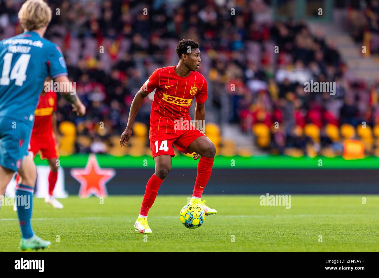 Farum, Denmark. 31st, October 2021. Abu Francis (14) of FC Nordsjaelland  seen during the 3F Superliga match between FC Nordsjaelland and Aalborg  Fodbold in Right to Dream Park in Farum, Denmark. (Photo