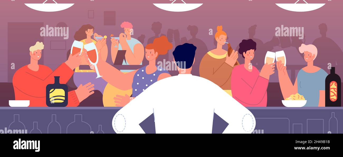 Friends drinking in bar. Young people fun, barmen look at crowd with wine and beer. Happy adult in pub cheers, drinks party utter vector concept Stock Vector