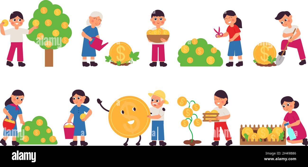 People grow money. Investment businessman, person planting currency. Gold coin harvest, cash tree profit. Success deal decent vector metaphor Stock Vector