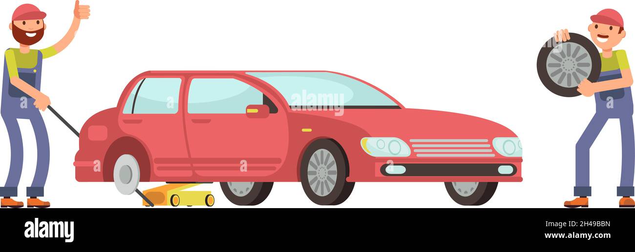 Auto service. Mechanics change wheels on car. Seasonal vehicle