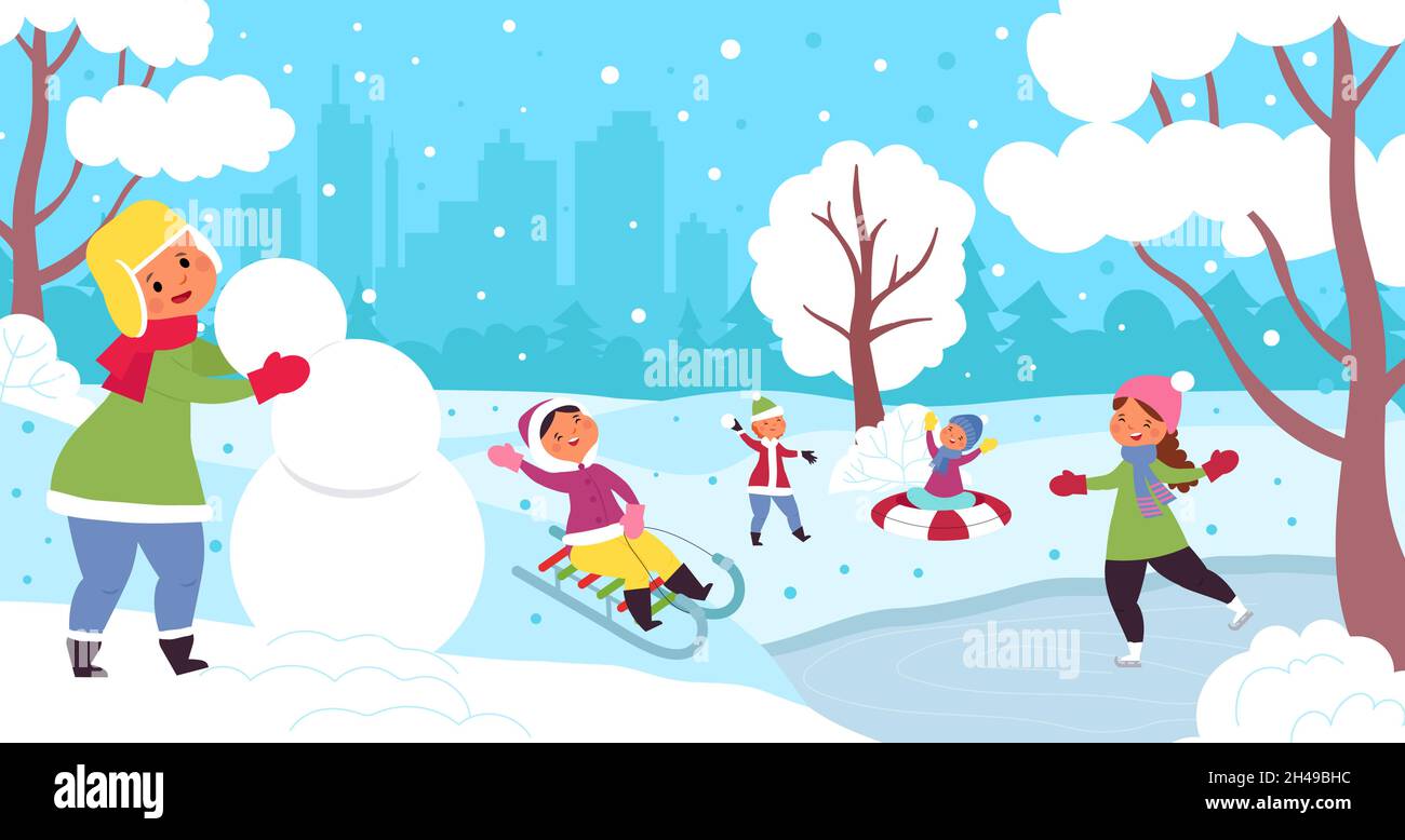 Cartoon winter kids. Child illustration, kid snowy christmas vacations. Fun children group playing snowball and skating decent vector scene Stock Vector