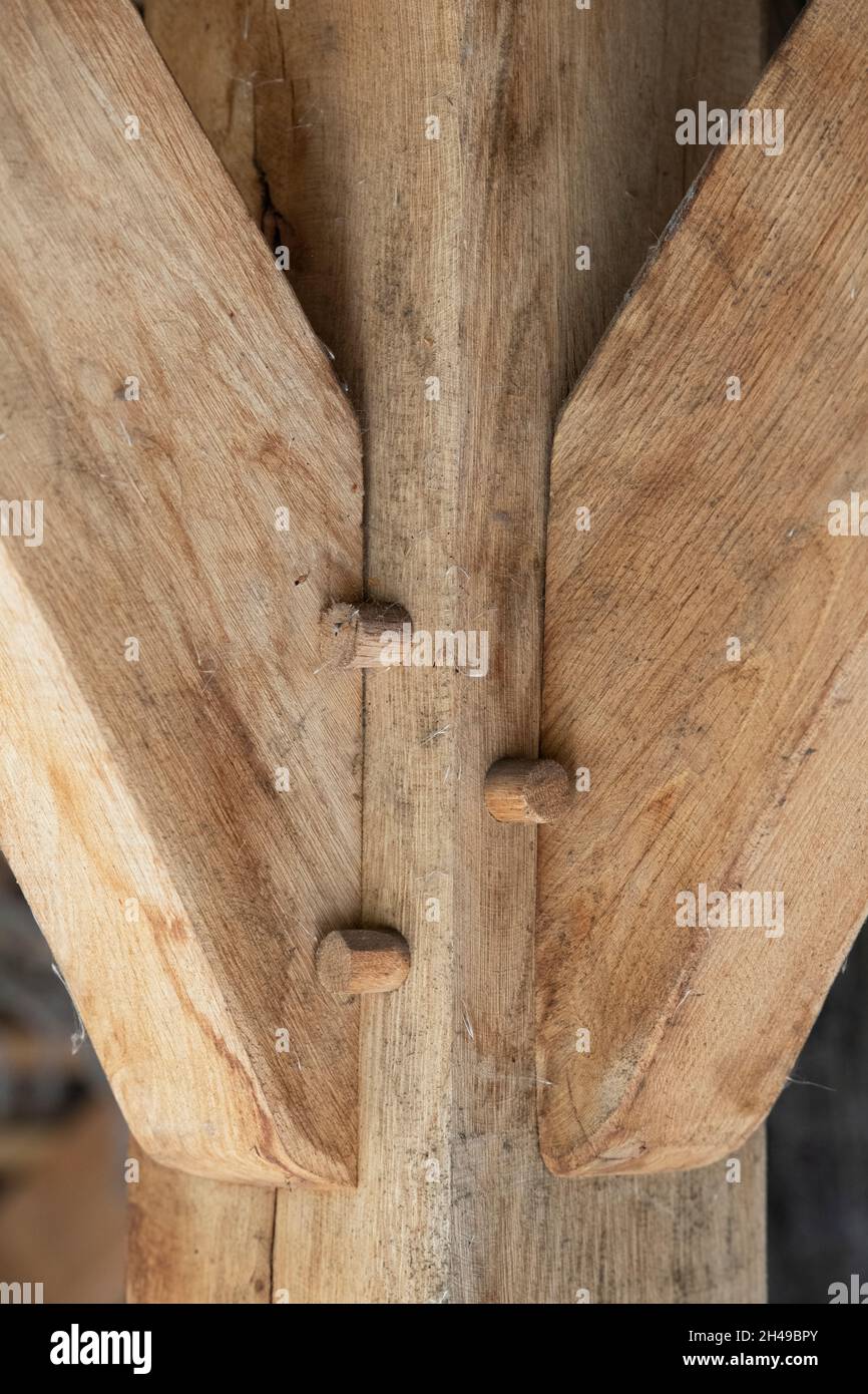 Timber frame mortise and tenon joints with hardwood pegs Stock Photo
