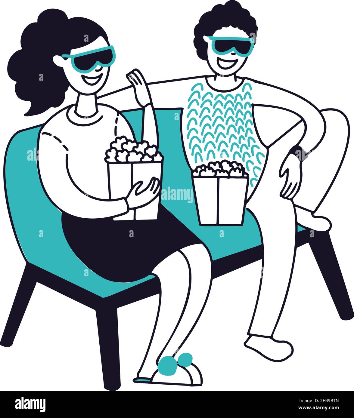 People in home cinema. Happy couple sitting on sofa and watch TV in 3D glasses. Man woman eat popcorn, house relax vector characters Stock Vector