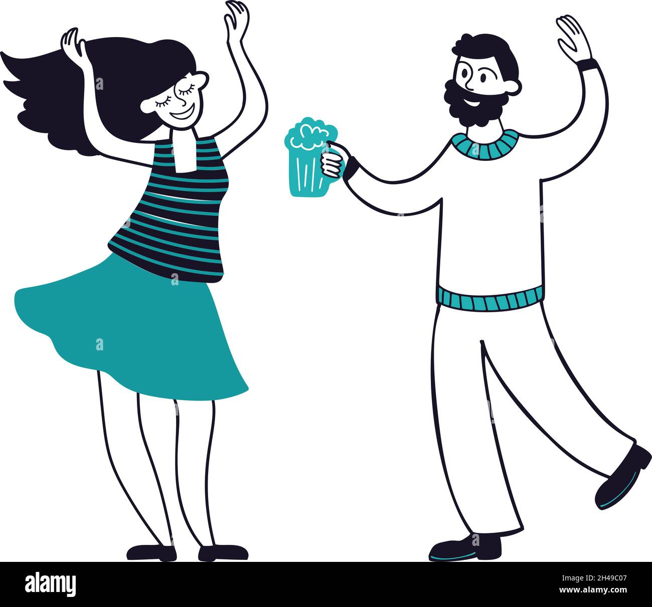 Happy man woman dancing and drinking. Drink beer, fun friends spent time. Isolated flat couple vector characters Stock Vector